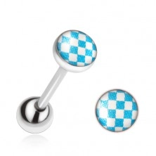 Piercing do jazyka z ocele, modro-biely šachovnicový vzor