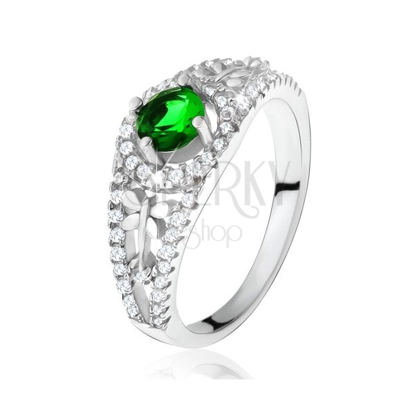 Číry zirkónový prsteň so zeleným kamienkom, vážky, striebro 925
