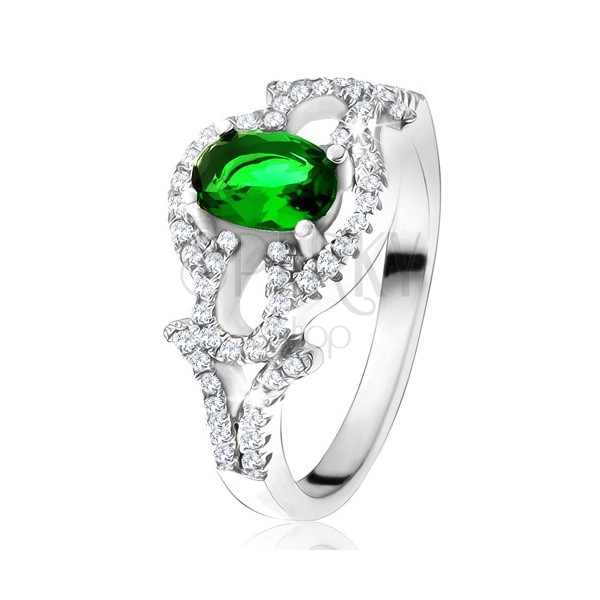 Prsteň s oválnym zeleným kameňom, číry kruh, kvapky, zo striebra 925