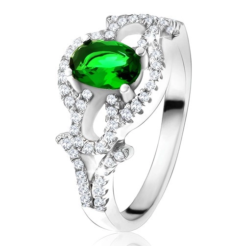 Prsteň s oválnym zeleným kameňom, číry kruh, kvapky, zo striebra 925 - Veľkosť: 51 mm