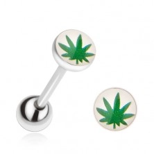 Oceľový piercing do jazyka, zelený list marihuany