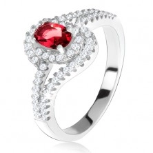 Strieborný 925 prsteň, červený kameň s lemom, zvlnené zirkónové ramená