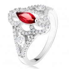 Strieborný 925 prsteň, zrniečkový červený kameň, vyrezávané zirkónové ramená