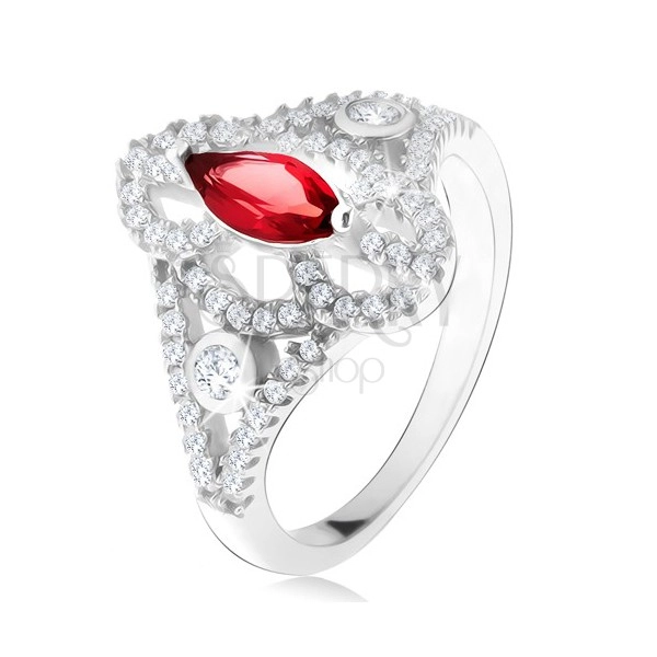 Strieborný 925 prsteň, zrniečkový červený kameň, vyrezávané zirkónové ramená