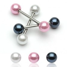 Oceľový piercing do jazyka s farebnými perleťovými guličkami