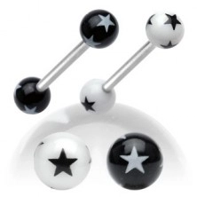 Oceľový piercing do jazyka, čierno-biele akrylové guličky s hviezdičkami