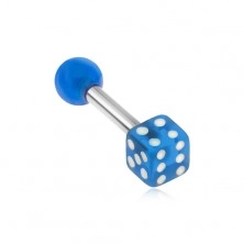 Oceľový piercing do tragusu, akrylová priehľadná modrá hracia kocka