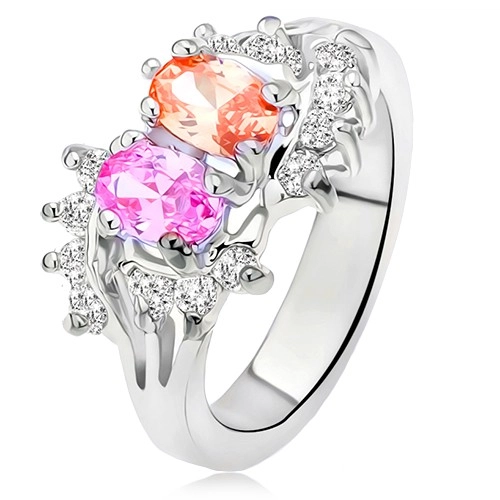 Lesklý prsteň striebornej farby, dva farebné kamienky, malé číre zirkóny - Veľkosť: 55 mm
