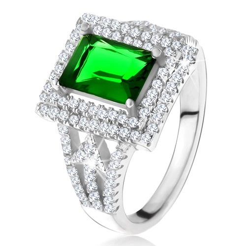 Prsteň s obdĺžnikovým zeleným zirkónom, dvojitý číry lem, šípky, striebro 925 - Veľkosť: 52 mm