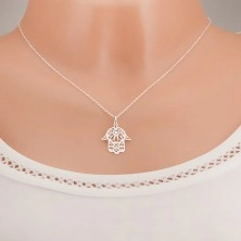 Strieborný 925 náhrdelník - retiazka z oválnych očiek, ruka Fatimy, číry zirkón