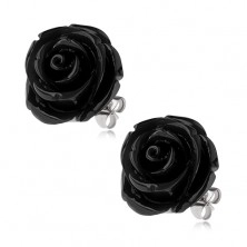 Oceľové náušnice, čierny živicový kvet ruže, puzetové zapínanie, 20 mm