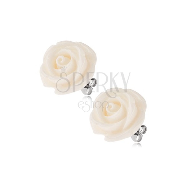 Puzetové náušnice z chirurgickej ocele, biely kvet ruže zo živice, 14 mm