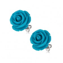 Puzetové náušnice z chirurgickej ocele, modrá rozkvitnutá ruža, 14 mm