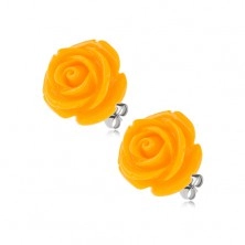 Oceľové puzetové náušnice, lesklý živicový kvet ruže žltej farby, 14 mm