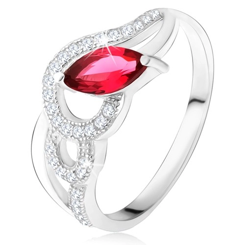 Strieborný 925 prsteň, zirkónové a hladké vlny, červený zrniečkový kameň - Veľkosť: 53 mm