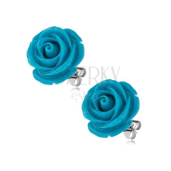 Náušnice z chirurgickej ocele, modrý živicový kvet ruže, 20 mm