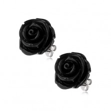 Náušnice z ocele, čierna farba, kvet ruže, puzetové zapínanie, 14 mm