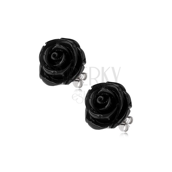 Náušnice z ocele, čierna farba, kvet ruže, puzetové zapínanie, 14 mm