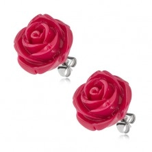 Puzetové oceľové náušnice, ruža zo živice, bordová farba, 20 mm