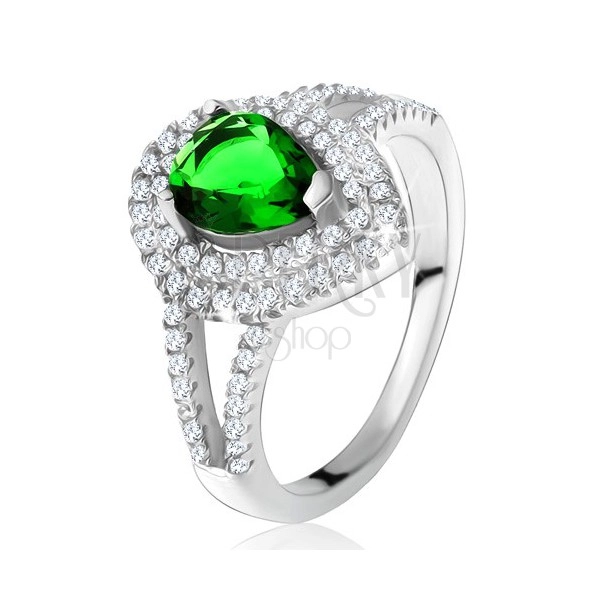Prsteň so zeleným slzičkovým kameňom, dvojitý číry lem, striebro 925