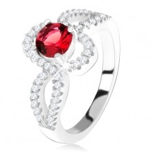 Strieborný 925 prsteň, červený okrúhly kameň, zatočené zirkónové ramená