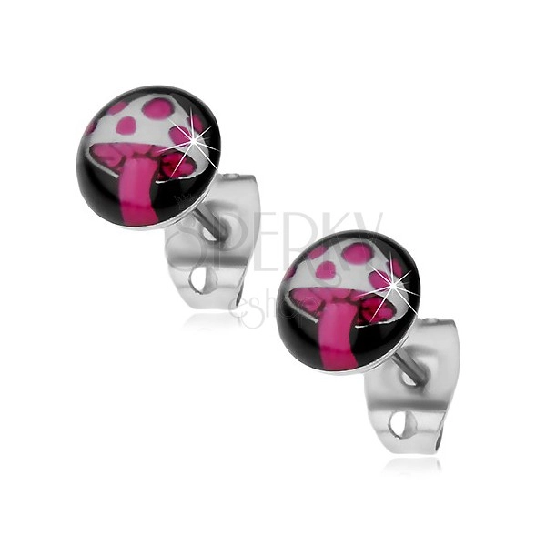 Náušnice z ocele 316L, ružovo-biela muchotrávka na čiernom kruhu