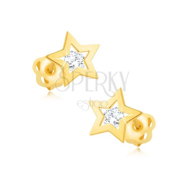 Náušnice zo žltého 9K zlata - lesklý obrys hviezdičky, číry zirkón