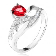 Lesklý prsteň zo striebra 925, červený kameň v tvare slzy, zvlnené zirkónové línie