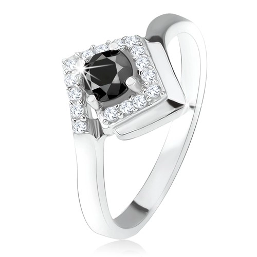 Strieborný 925 prsteň, okrúhly čierny kamienok v zirkónovom kosoštvorci - Veľkosť: 52 mm