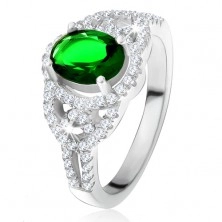 Prsteň - oválny zelený zirkón, lem, zaoblené línie, číre kamienky, striebro 925