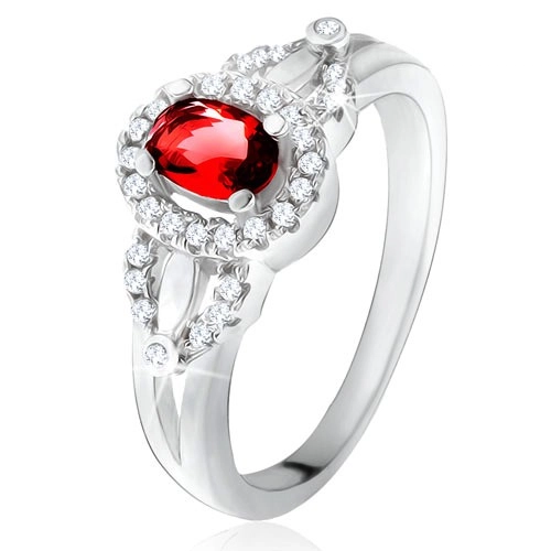 Prsteň s červeným oválnym kameňom, drobné číre zirkóniky, striebro 925 - Veľkosť: 55 mm