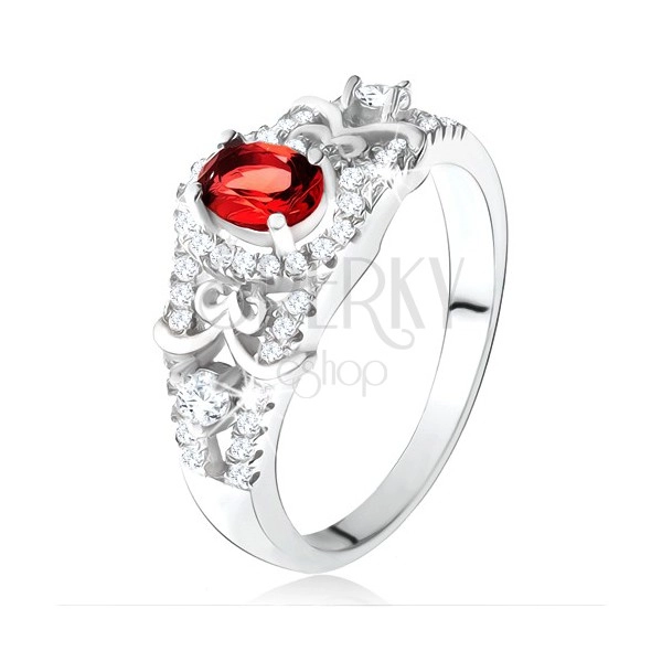 Strieborný 925 prsteň, oválny červený zirkón s čírym lemom, ozdobné línie