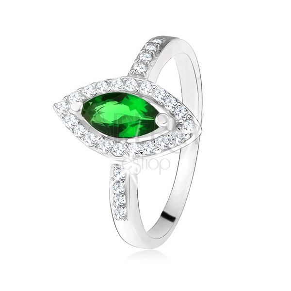 Lesklý prsteň - striebro 925, zrnkový zelený kameň s lemom, číre zirkóniky