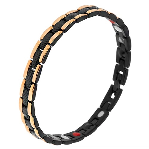 E-shop Šperky Eshop - Čierny oceľový náramok s hadím vzorom, okrajové pásy zlatej farby, magnety SP32.19