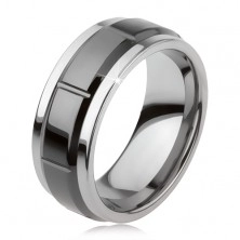 Tungstenový prsteň so zárezmi, strieborná farba, lesklý čierny povrch