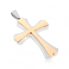 Oceľový prívesok - kríž striebornej farby a menší kríž zlatej farby, grécky kľúč