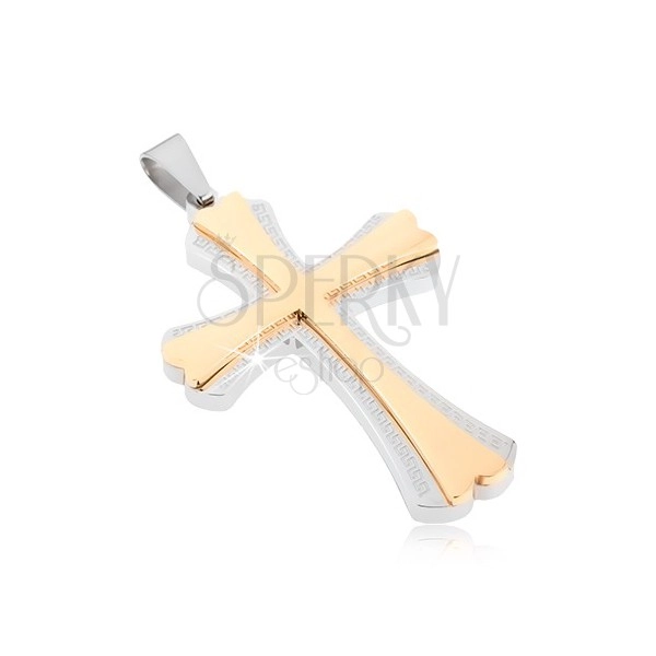 Oceľový prívesok - kríž striebornej farby a menší kríž zlatej farby, grécky kľúč