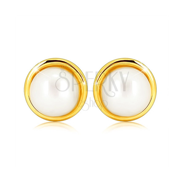 Náušnice zo žltého 9K zlata - biela guľatá sladkovodná perlička, tenký prstenec
