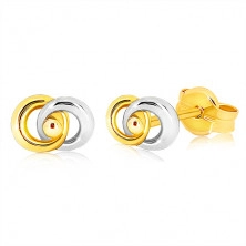 Ródiované dvojfarebné náušnice v 9K zlate - dva prepojené prstence