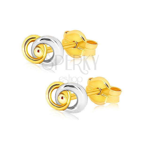 Ródiované dvojfarebné náušnice v 9K zlate - dva prepojené prstence