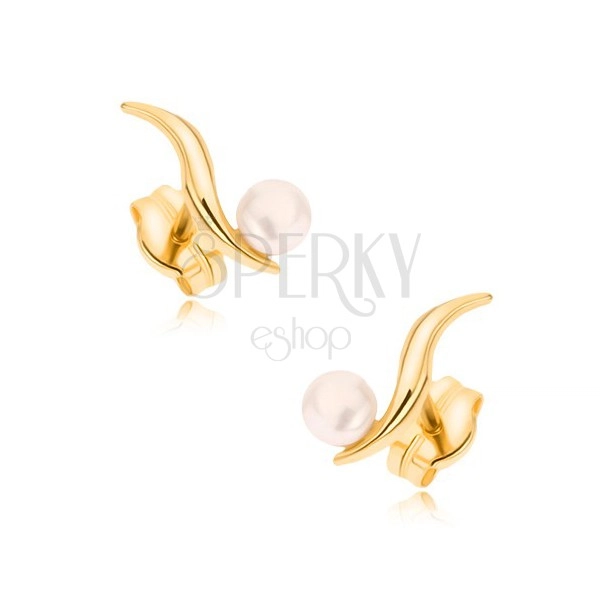 Zlaté náušnice 375 - lesklá tenká zvlnená línia, biela perla