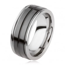 Wolfrámový prsteň s lesklým čiernym povrchom a zárezom, strieborná farba