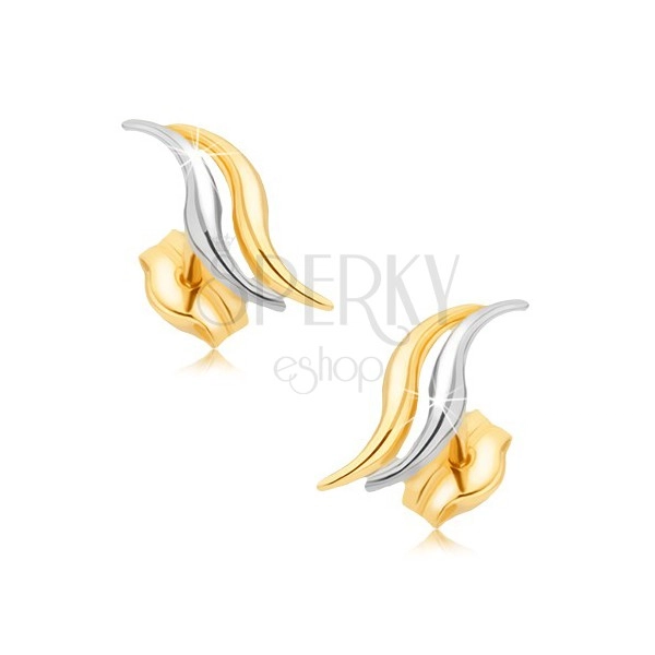 Ródiované náušnice z 9K zlata - dve dvojfarebné ligotavé vlnky