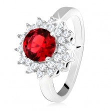 Prsteň s červeným okrúhlym kameňom a čírymi zirkónikmi, slniečko, striebro 925