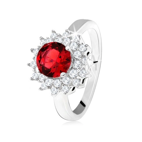 Prsteň s červeným okrúhlym kameňom a čírymi zirkónikmi, slniečko, striebro 925