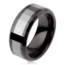 Lesklý volfrámový prsteň, dvojfarebný, geometricky brúsený povrch