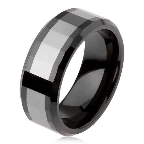 Lesklý volfrámový prsteň, dvojfarebný, geometricky brúsený povrch - Veľkosť: 65 mm