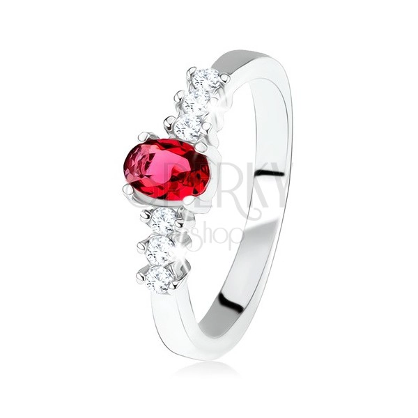 Strieborný zásnubný prsteň 925, oválny červený kamienok, číre zirkóny