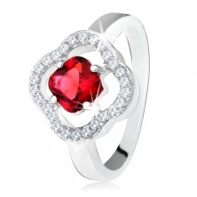 Strieborný prsteň 925, brúsený červený kameň, číre zirkóny, kvet