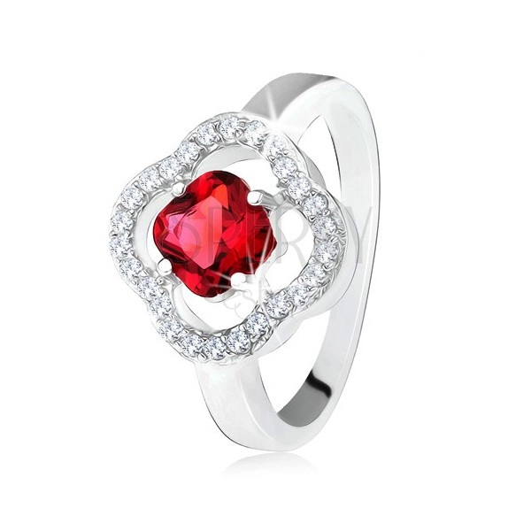Strieborný prsteň 925, brúsený červený kameň, číre zirkóny, kvet
